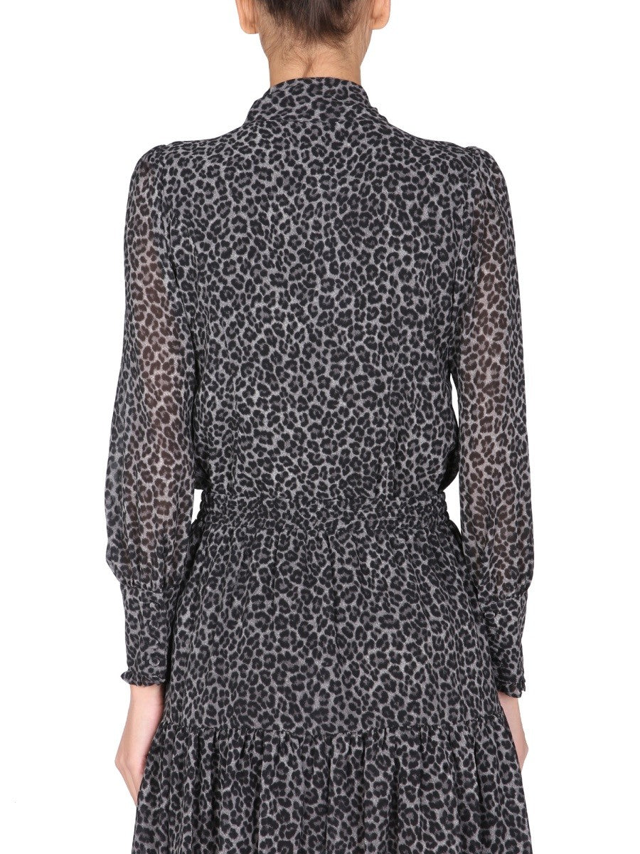 V-Neck Front Button Animal Print Shirt