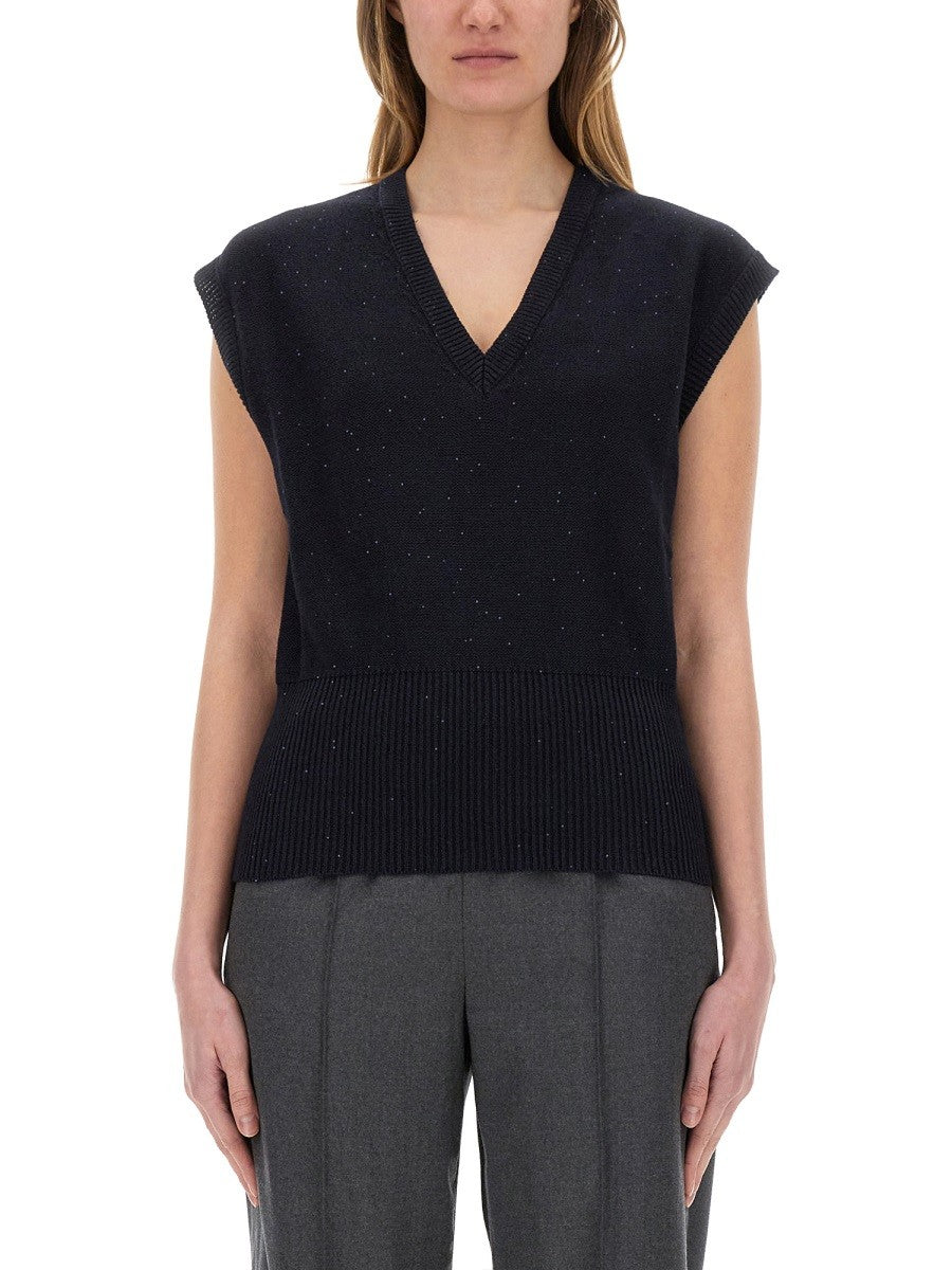 COTTON AND LINEN VEST WITH SEQUINS