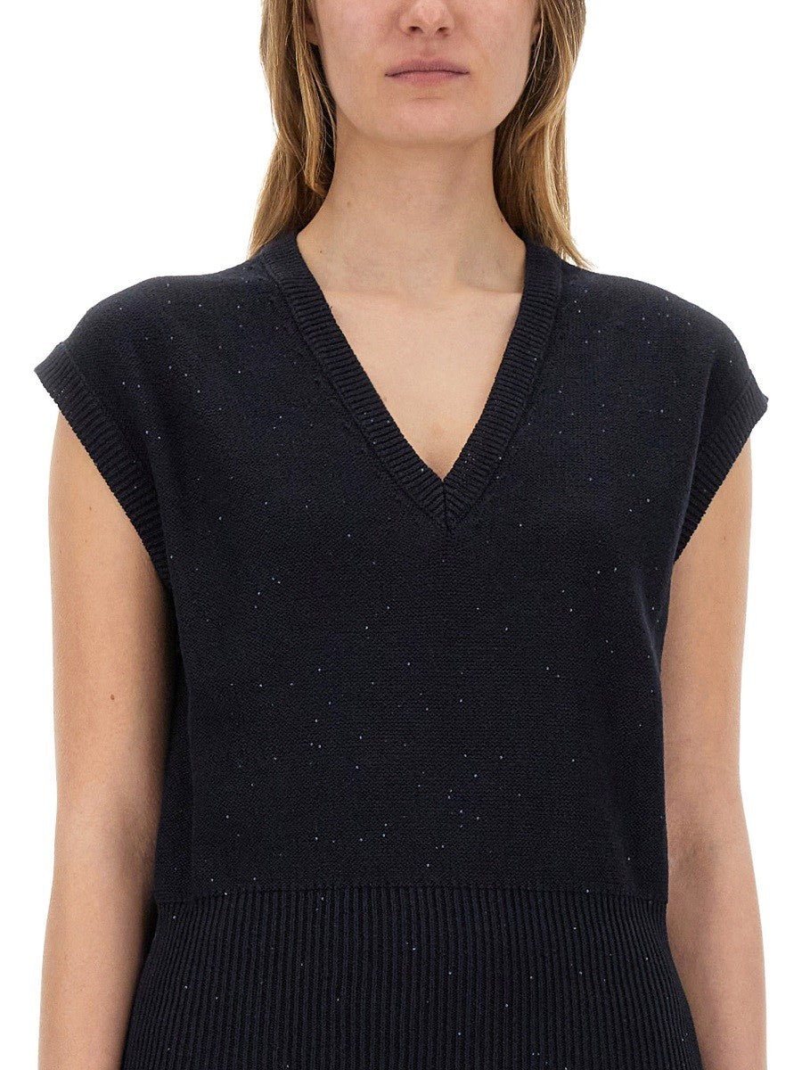COTTON AND LINEN VEST WITH SEQUINS