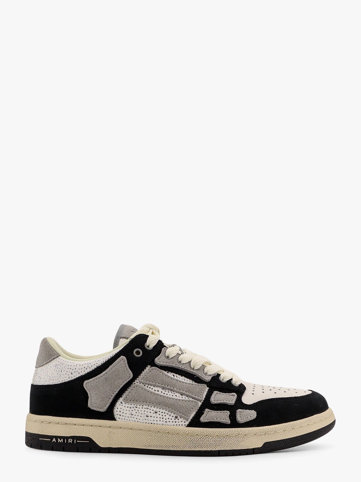 Crystal skel top low leather and suede sneakers with rhinestones detail