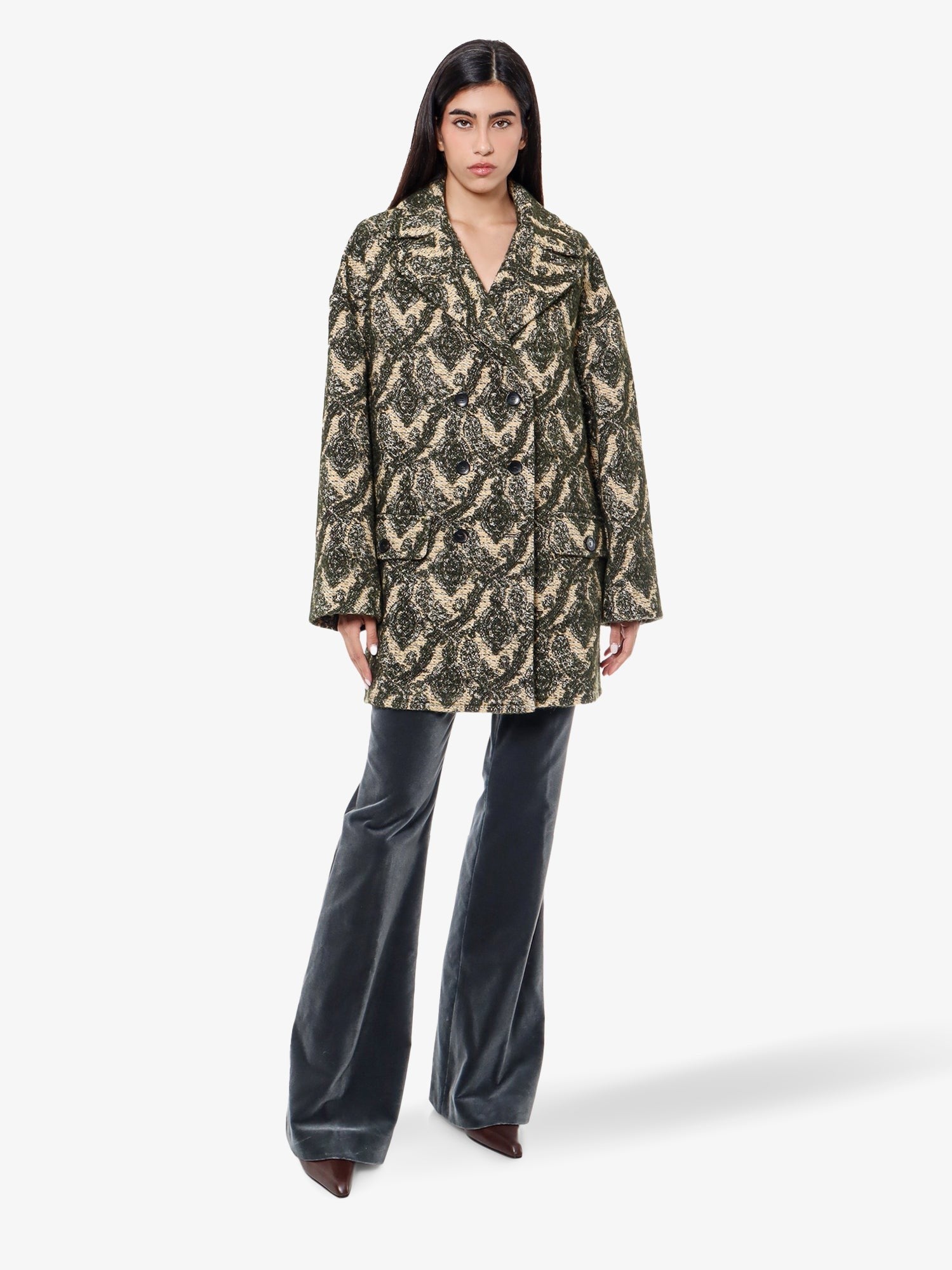Double-Breasted Coat With Multicolor Motif
