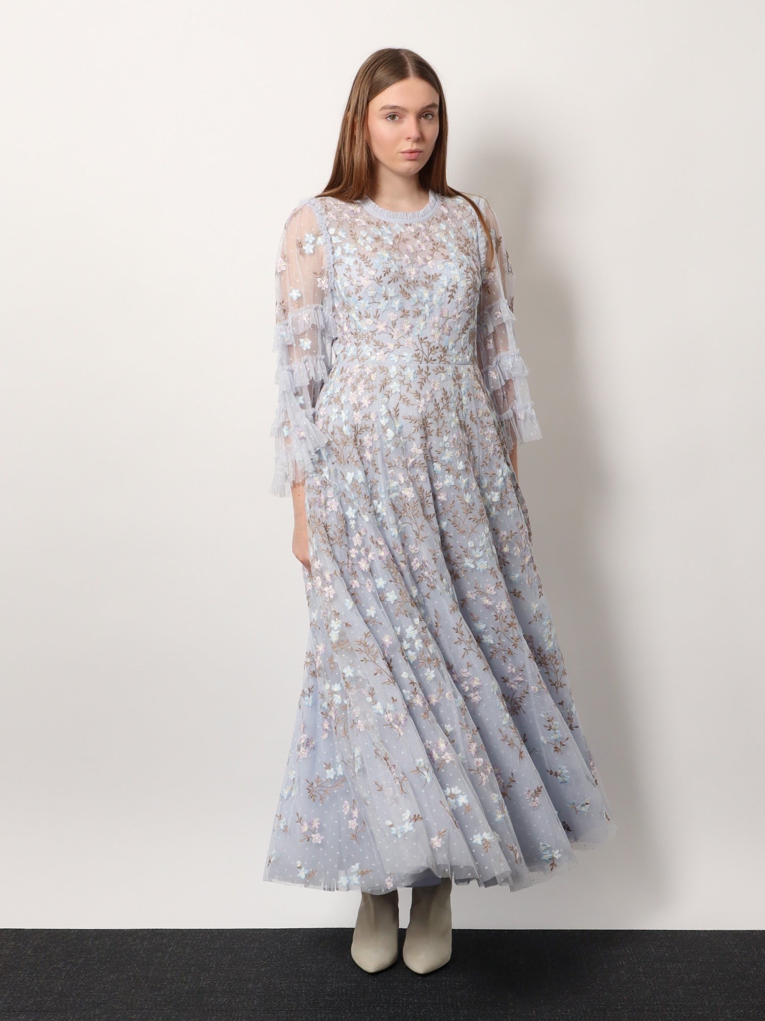 Embroidered tulle long dress