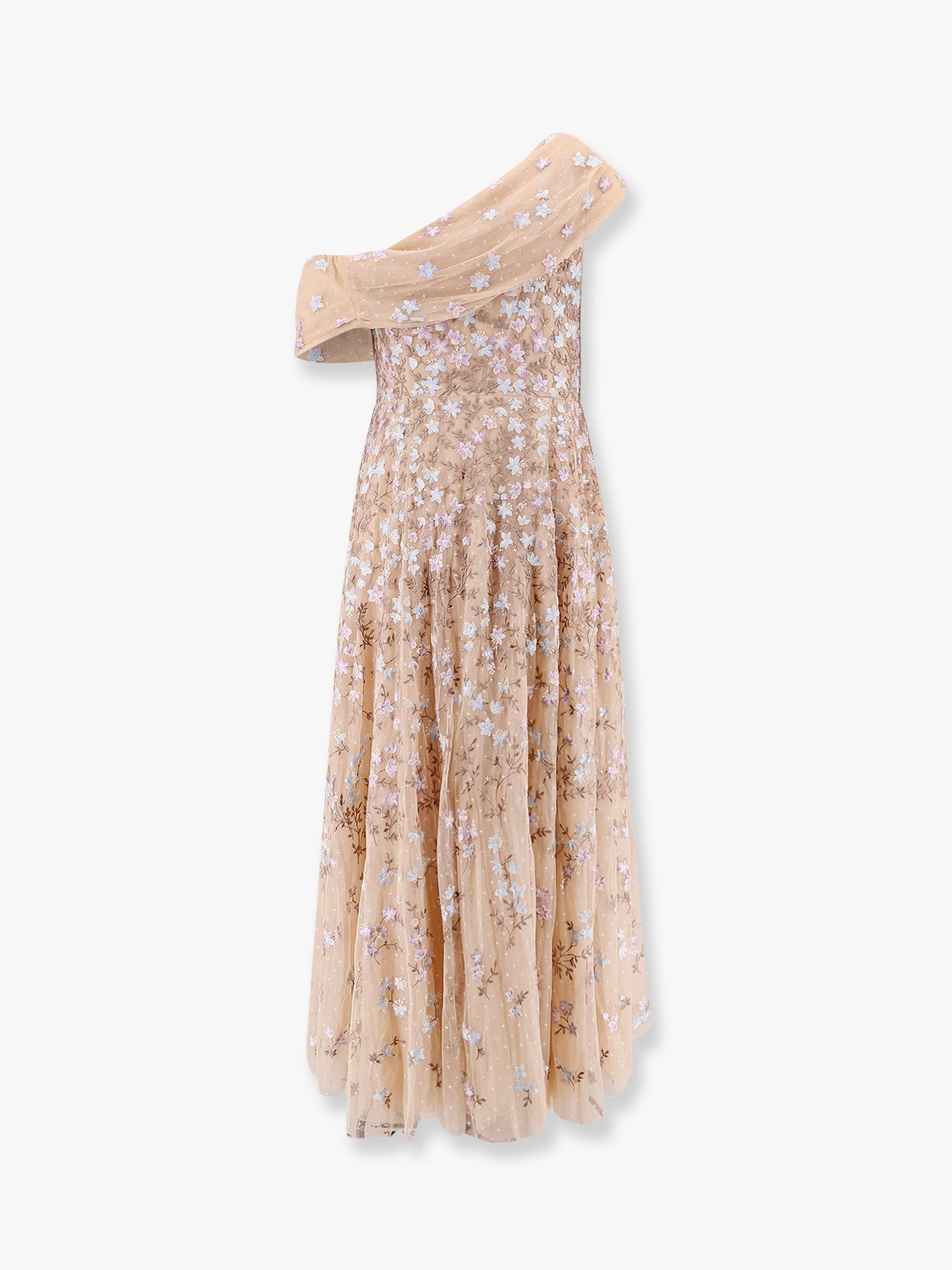 One-shoulder long dress with multicolor embroidery