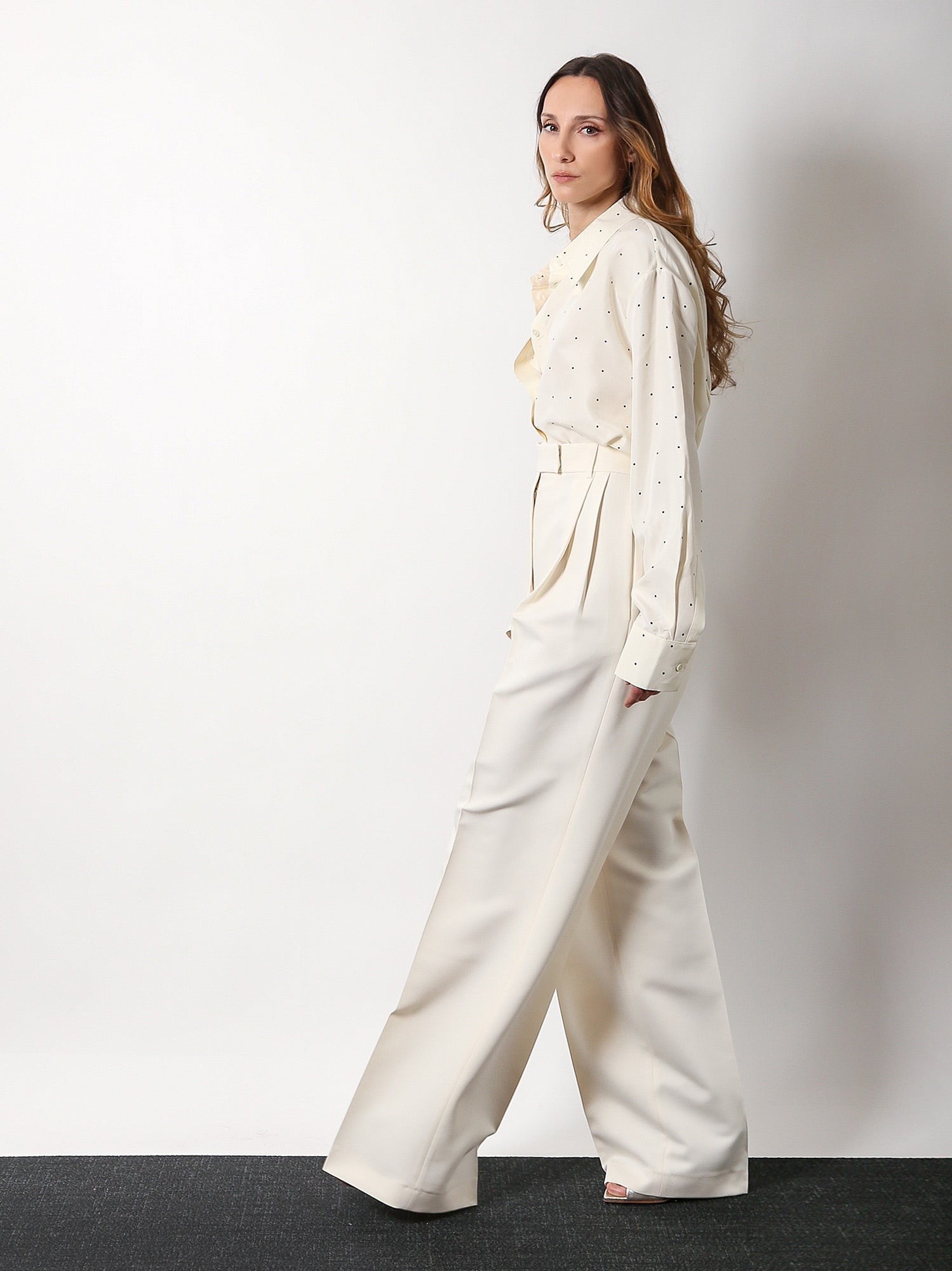 Recycled material trouser with wide leg